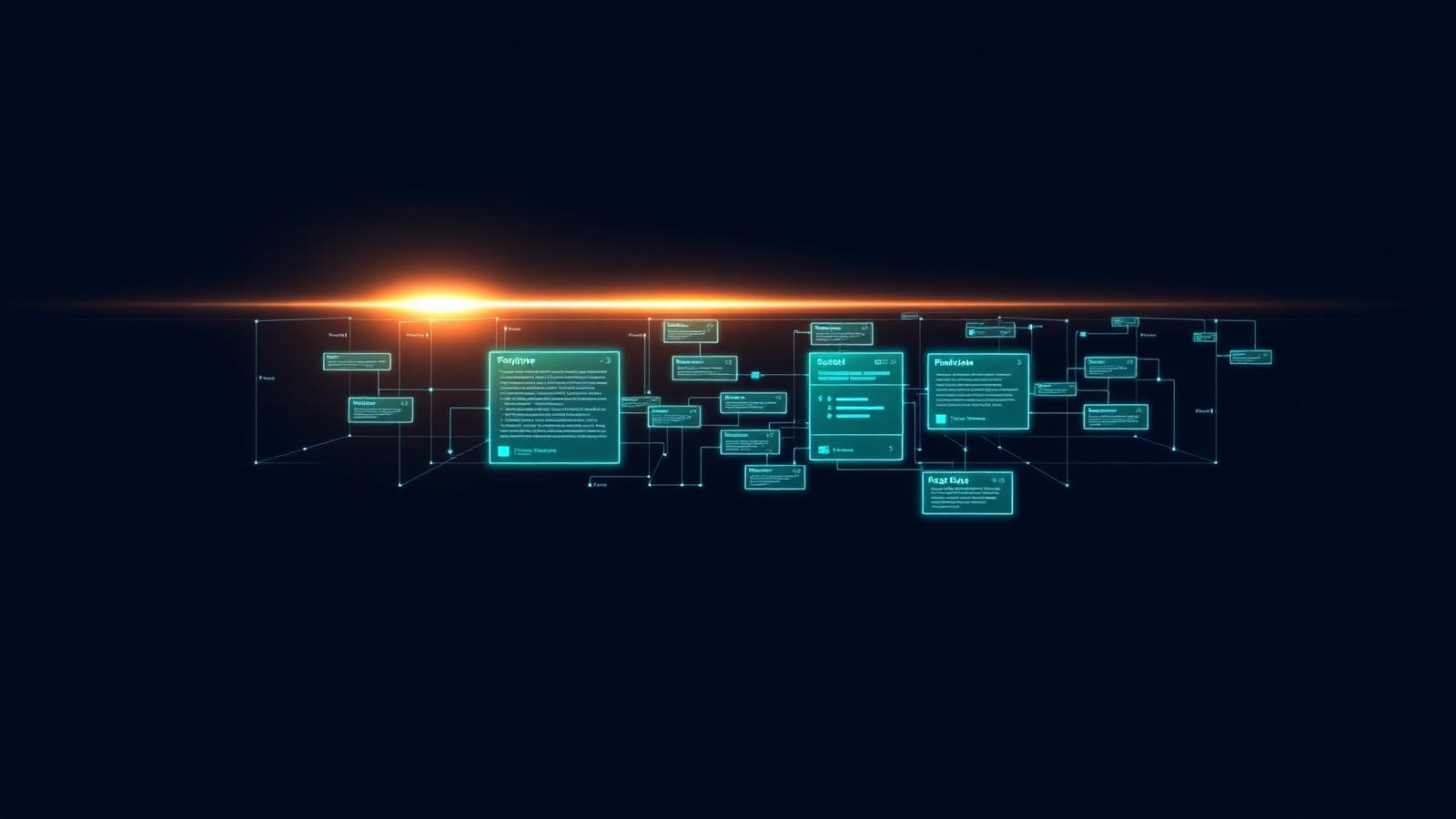 Glowing teal holographic 3D wireframe map of a website's structure on dark navy with a horizontal scanning beam of warm light illuminating page nodes in sequence — abstract data analysis aesthetic.