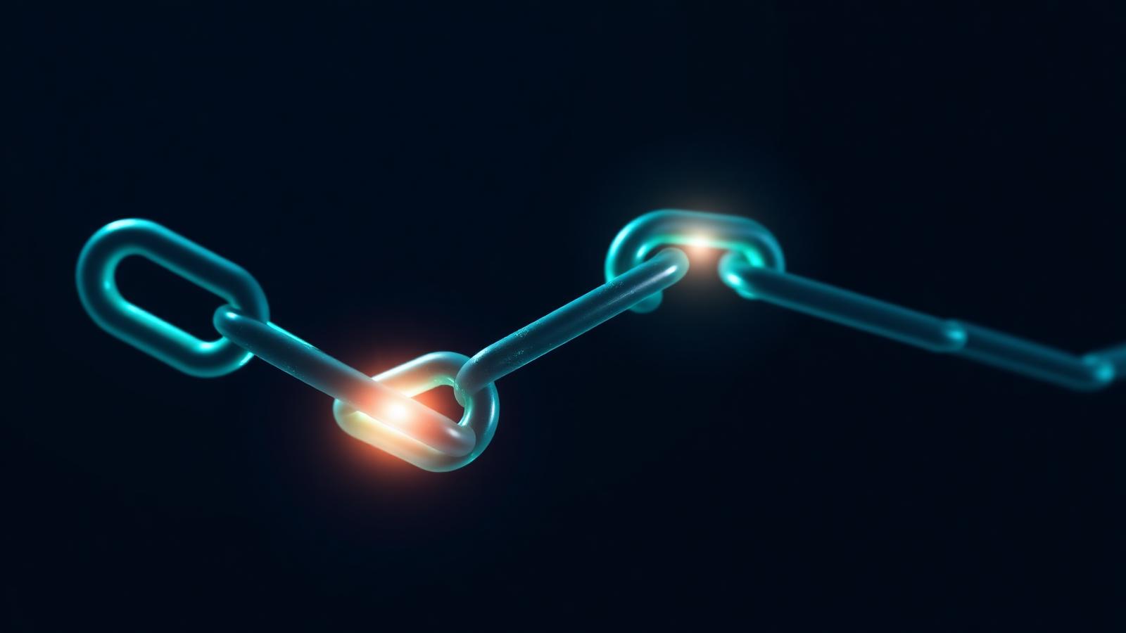 Glowing teal chain links with warm orange light flowing through one connection point on dark navy — visual metaphor for anchor text carrying topical context between linked pages.
