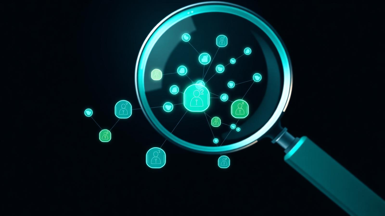 Glowing teal magnifying glass examining a network graph of webpage nodes on dark navy, with some nodes highlighted in warning halos — representing an internal link audit surfacing issues.