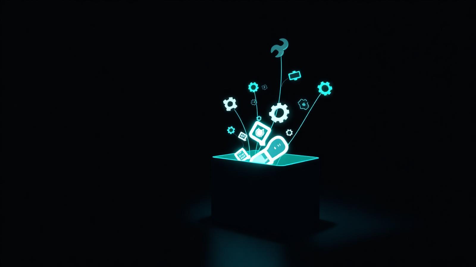 Glowing teal toolbox with abstract gear and tool icons floating above on dark navy — visual representation of internal linking tools for SEO.
