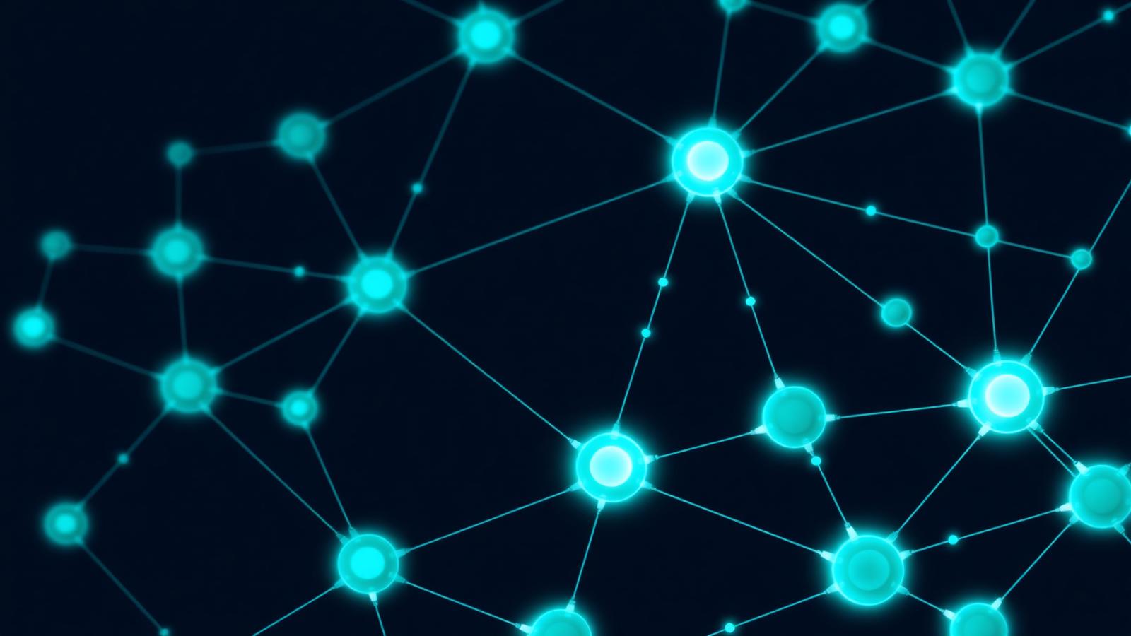 Glowing teal network of interconnected page nodes on a dark navy background with brighter authority hubs — visual metaphor for internal links distributing PageRank across a website.