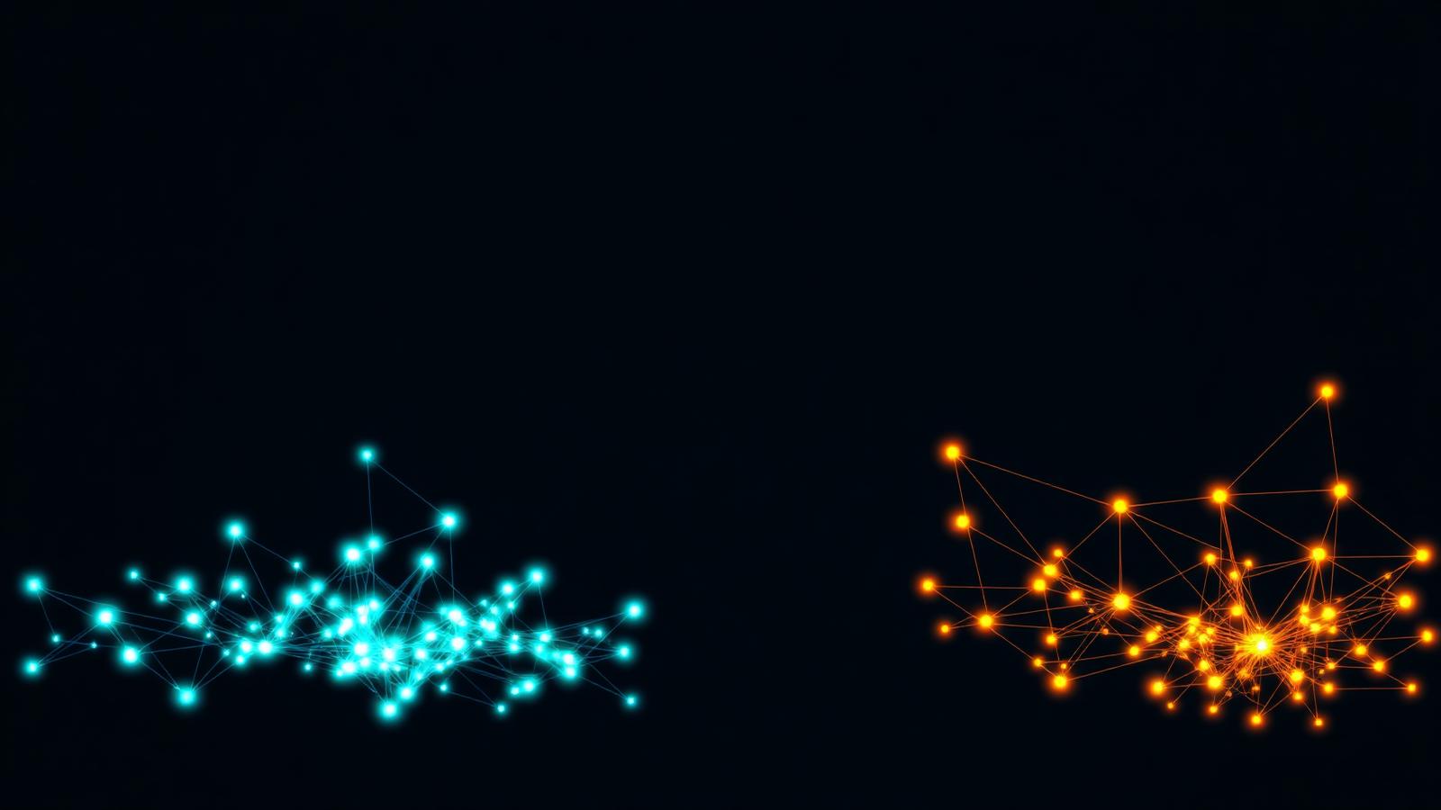Two distinct glowing network clusters side by side on dark navy — a tight teal cluster with bright connections on the left and a looser orange cluster with fewer connections on the right — visualizing a comparison between internal linking tools.