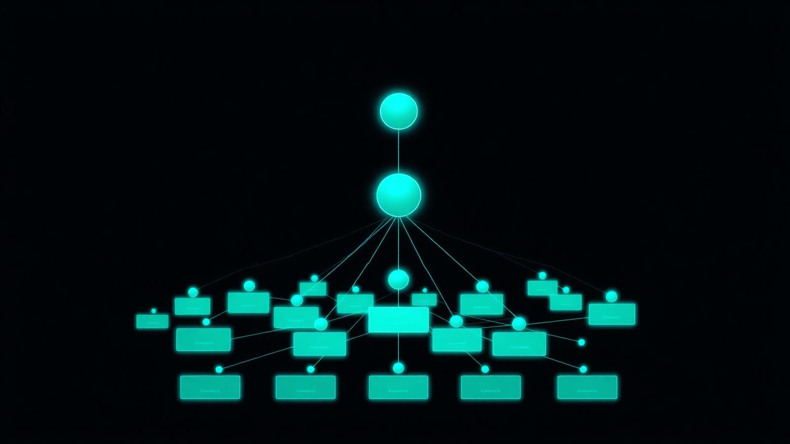 Glowing teal flat hierarchical network with a central root node connected to rings of category and page nodes on dark navy — diagram of a flat silo SEO site structure.