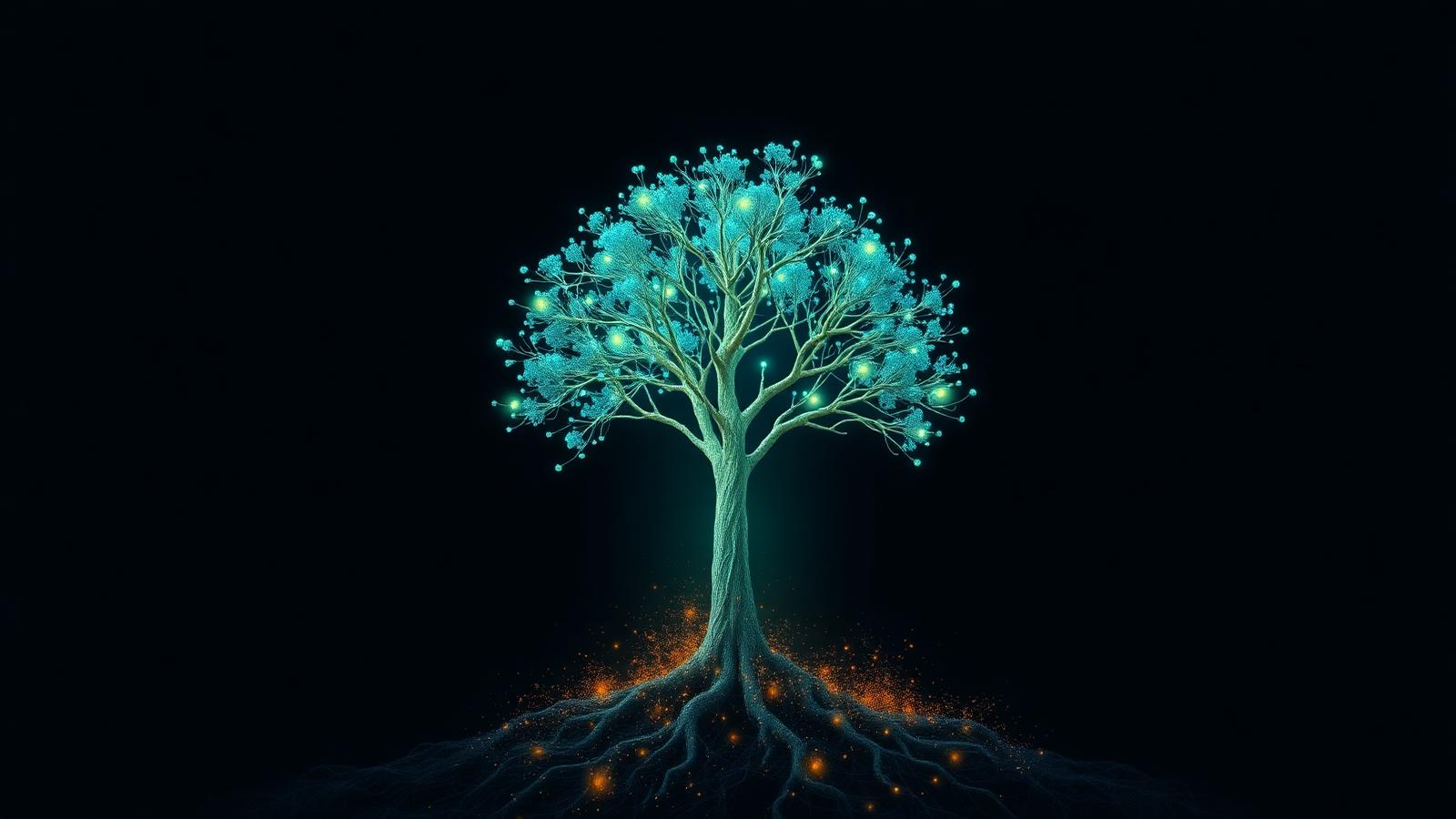 Glowing teal sapling tree with branches reaching toward orbit nodes and warm orange particles rising from the roots on dark navy — visualization of organic topical authority growth.