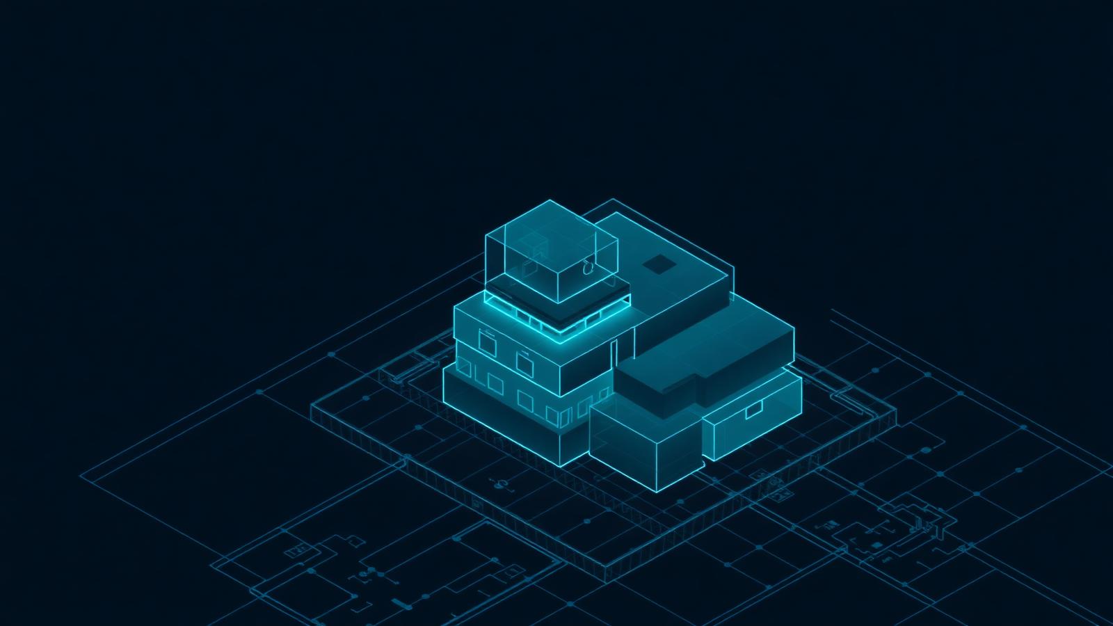 Glowing teal isometric blueprint of stacked architectural blocks on dark navy with faint grid lines below — abstract visualization of a website's information architecture and SEO structure.